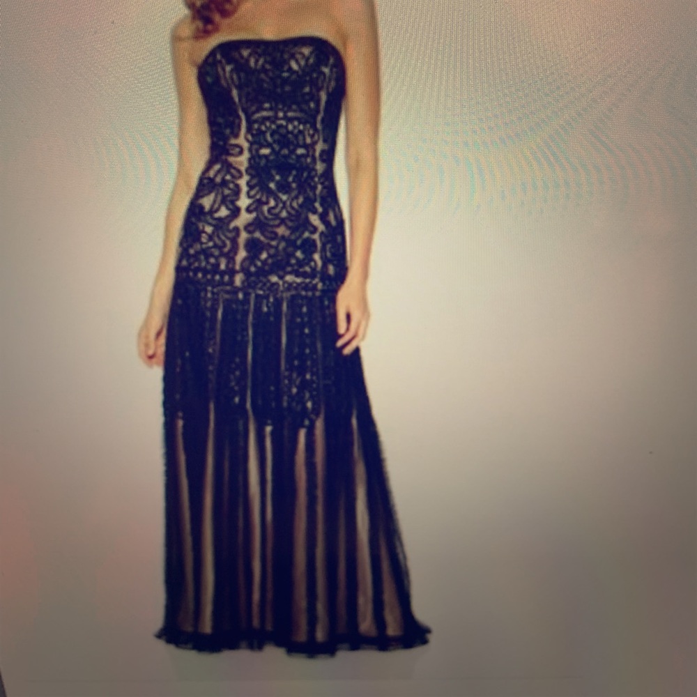 Lace bead nude black formal dress